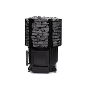 Narvi Inari Wood Burning Sauna Heater filled with grey sauna stones on a white background  