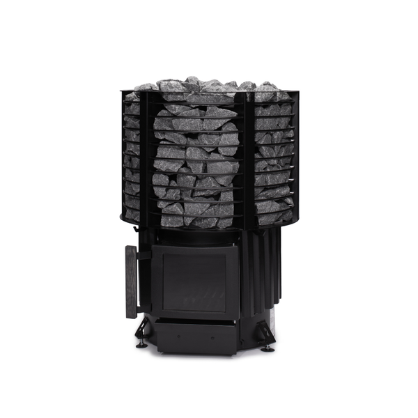Narvi Inari Wood Burning Sauna Heater filled with grey sauna stones on a white background  