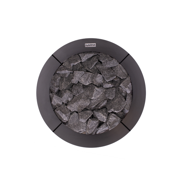 Narvi Peak Electric Sauna Heater filled with grey sauna stones on a white background 