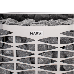 Narvi electric sauna heater filled with grey sauna stones on a white background