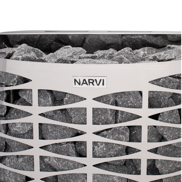 Narvi electric sauna heater filled with grey sauna stones on a white background