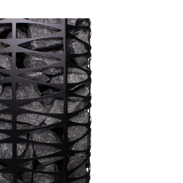 Narvi Saana Black Electric Sauna Heater filled with grey sauna stones on a white background