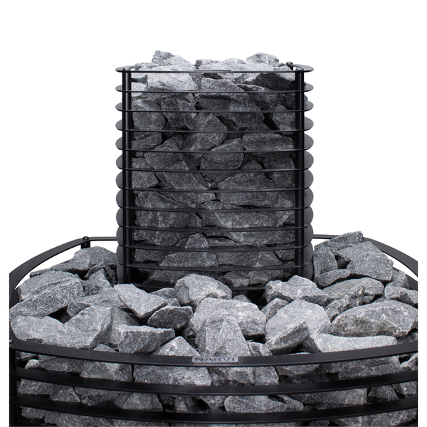 Narvi Velvet 35 Wood Burning Sauna Heater filled with grey sauna stones on a white background