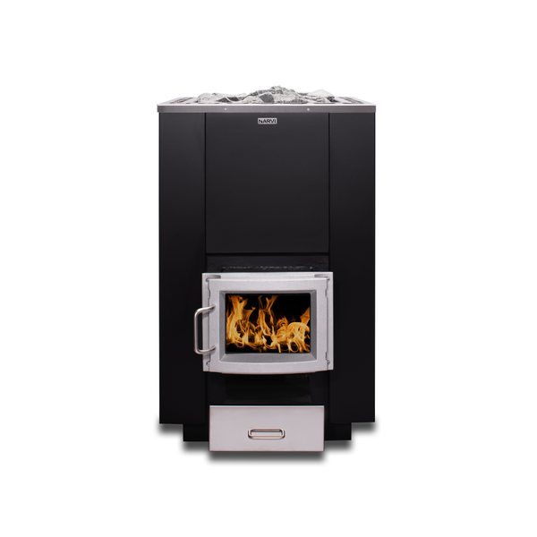 Black wood burning sauna heater with visible flames inside the glass door on a white background