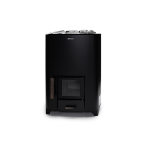 Narvi NC Wood Burning Sauna Heater filled with grey sauna stones on a white background