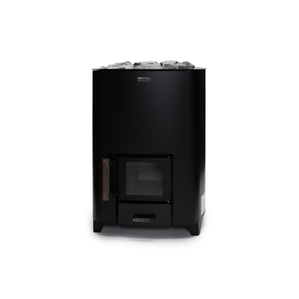 Narvi NC Wood Burning Sauna Heater filled with grey sauna stones on a white background