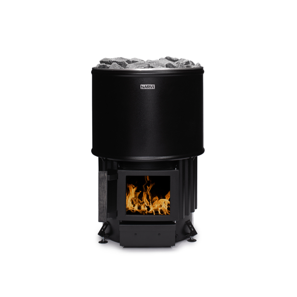 Narvi Luosto Wood Burning Sauna Heater with grey sauna stones on a white background  