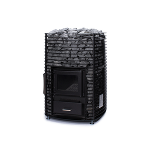 Narvi Velvet 35 Wood Burning Sauna Heater filled with grey sauna stones on a white background