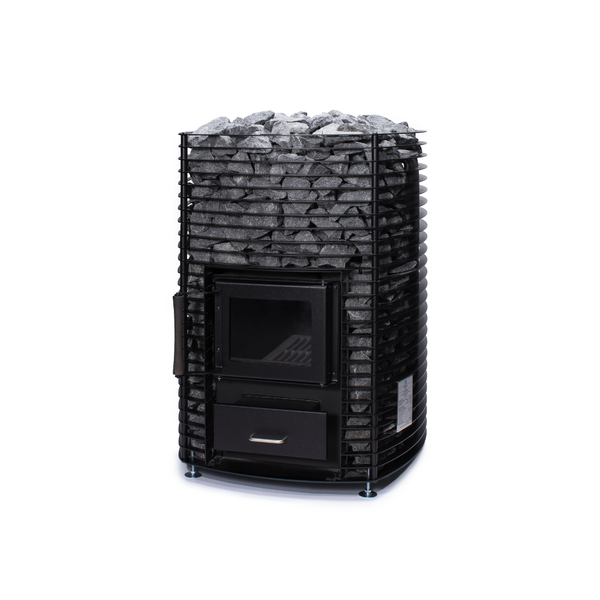 Narvi Velvet 35 Wood Burning Sauna Heater filled with grey sauna stones on a white background