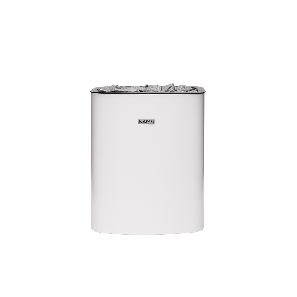Narvi electric sauna heater filled with grey sauna stones on a white background 