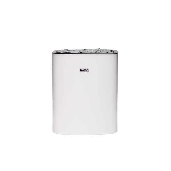 Narvi electric sauna heater filled with grey sauna stones on a white background 