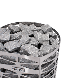 Narvi Saana stainless electric sauna heater filled with grey sauna stones in a white background