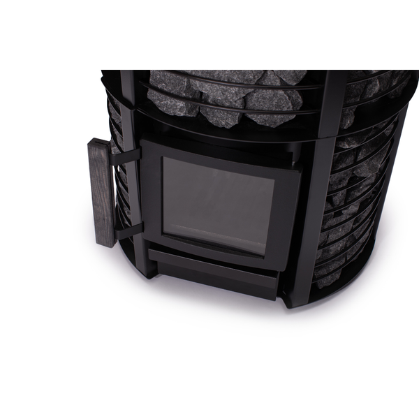 Narvi Inari Plus Wood Burning Sauna Heater filled with grey sauna stones on a white background