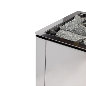 Narvi Ultra Big Stainless Electric Sauna Heater with grey sauna stones on a white background