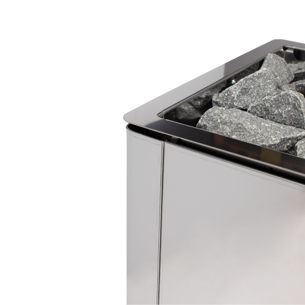 Narvi Ultra Big Stainless Electric Sauna Heater with grey sauna stones on a white background