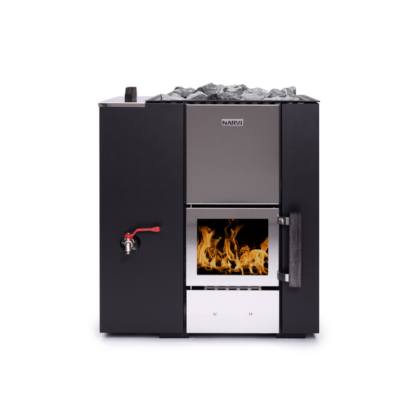 Narvi Kuru 20 WT Wood Burning Sauna Heater with grey sauna stones on a white background
