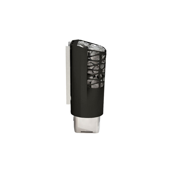 Narvi black electric sauna heater filled with grey sauna stones on a white background