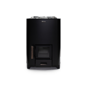 Narvi NC Wood Burning Sauna Heater filled with grey sauna stones on a white background