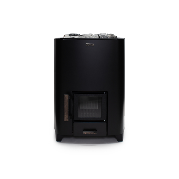 Narvi NC Wood Burning Sauna Heater filled with grey sauna stones on a white background