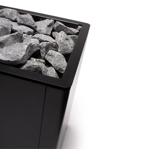 Narvi Ultra Big Black Electric Sauna Heater filled with grey sauna stones on a white background