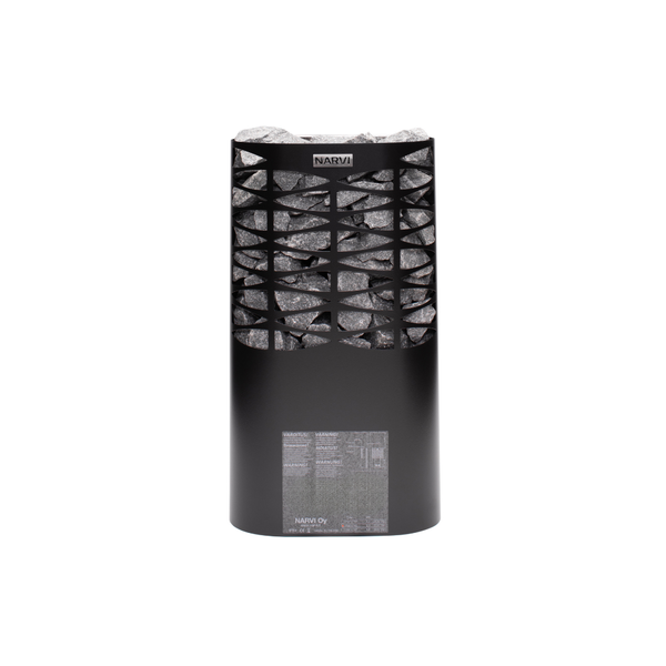 Narvi black electric sauna heater with geometric design on a white background