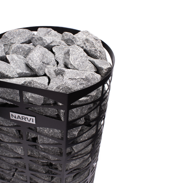 Narvi Saana Black Electric Sauna Heater filled with grey sauna stones on a white background