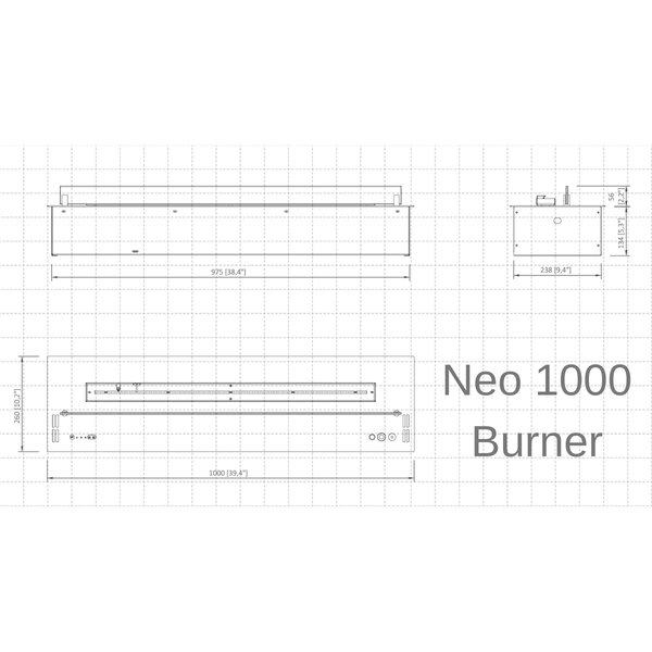 Technical drawing of a 'Neo 1000 Burner' on a grid background