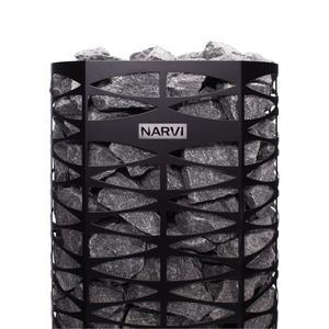 Narvi Saana Black Electric Sauna Heater filled with grey sauna stones on a white background