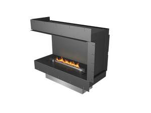 Modern black fireplace with visible flames on a white background