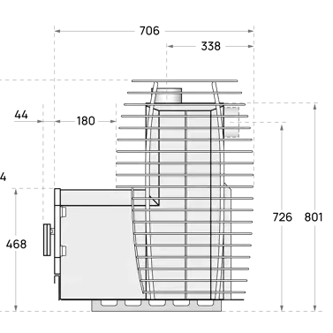 Wood burning sauna heater dimensions on a grey background