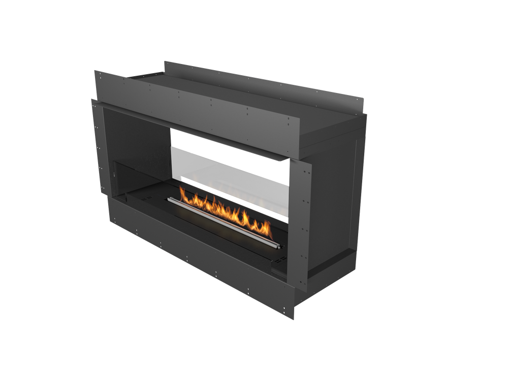 Modern black fireplace with visible flames on a white background