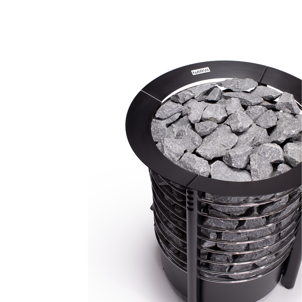 Narvi Peak Electric Sauna Heater filled with grey sauna stones on a white background 