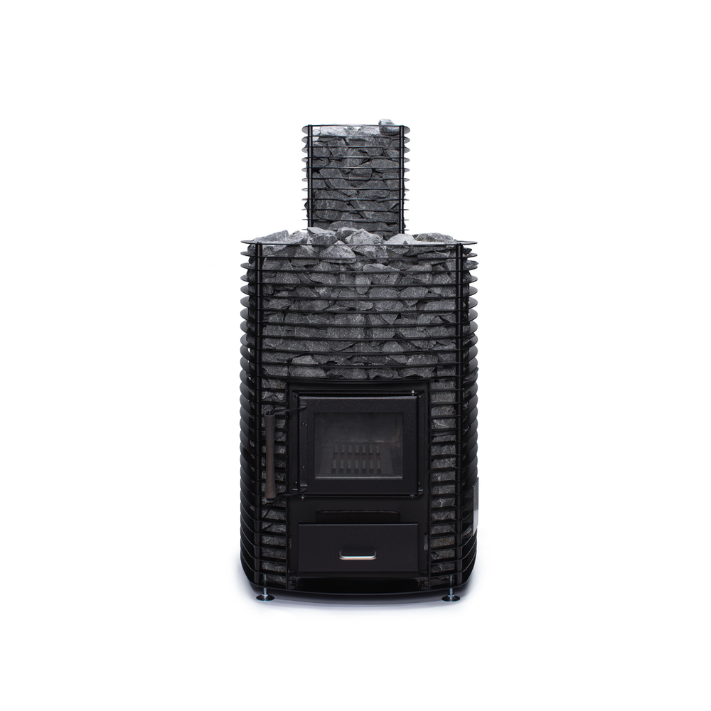 Narvi Velvet 35 Wood Burning Sauna Heater filled with grey sauna stones on a white background