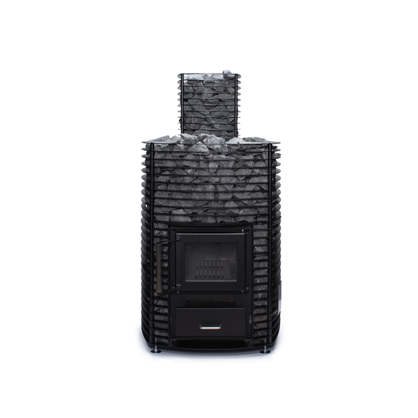 Narvi Velvet 35 Wood Burning Sauna Heater filled with grey sauna stones on a white background