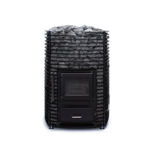 Narvi Velvet 35 Wood Burning Sauna Heater filled with grey sauna stones on a white background