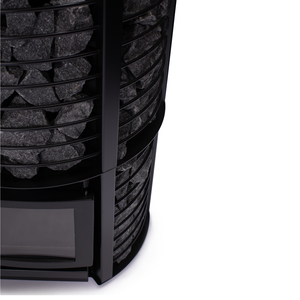 Narvi Inari Plus Wood Burning Sauna Heater filled with grey sauna stones on a white background