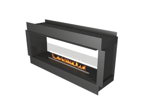 A modern insert fireplace from planika on a white background with amber fire on