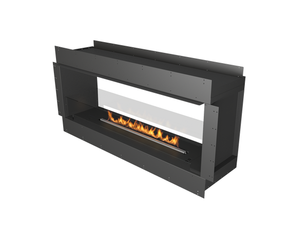 A modern insert fireplace from planika on a white background with amber fire on