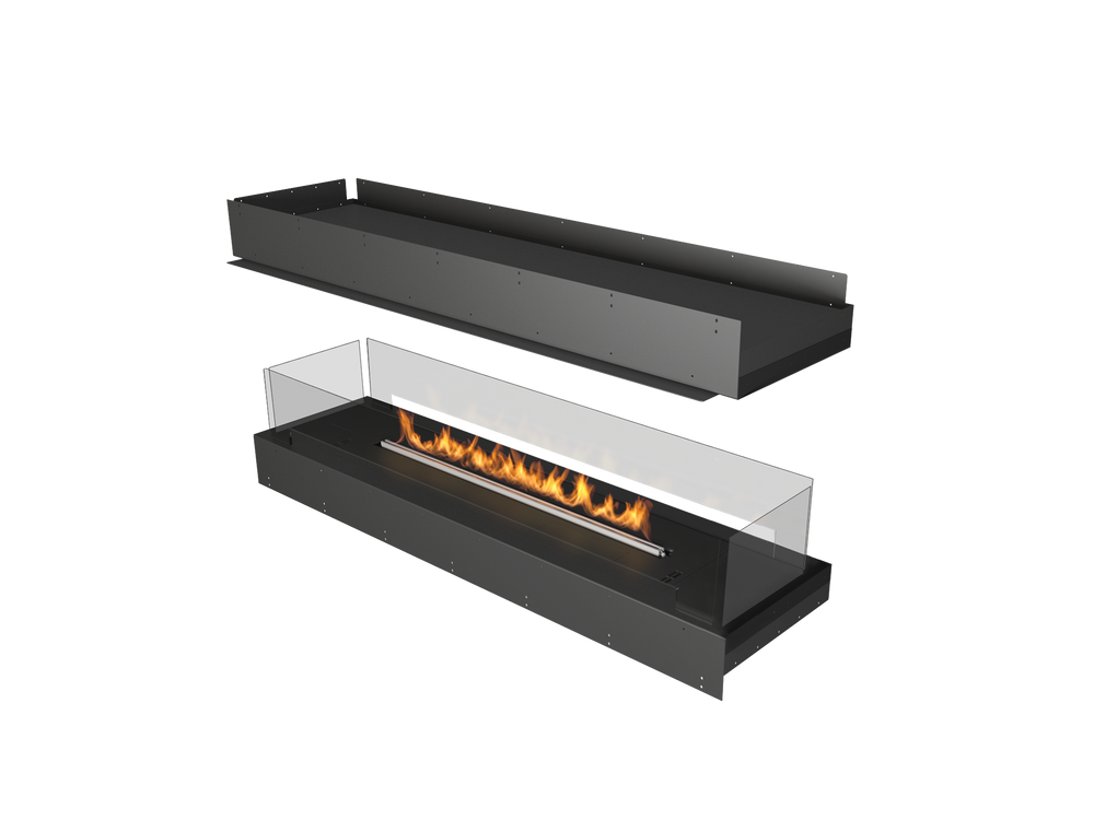Modern black ethanol fireplace with flames on a white background