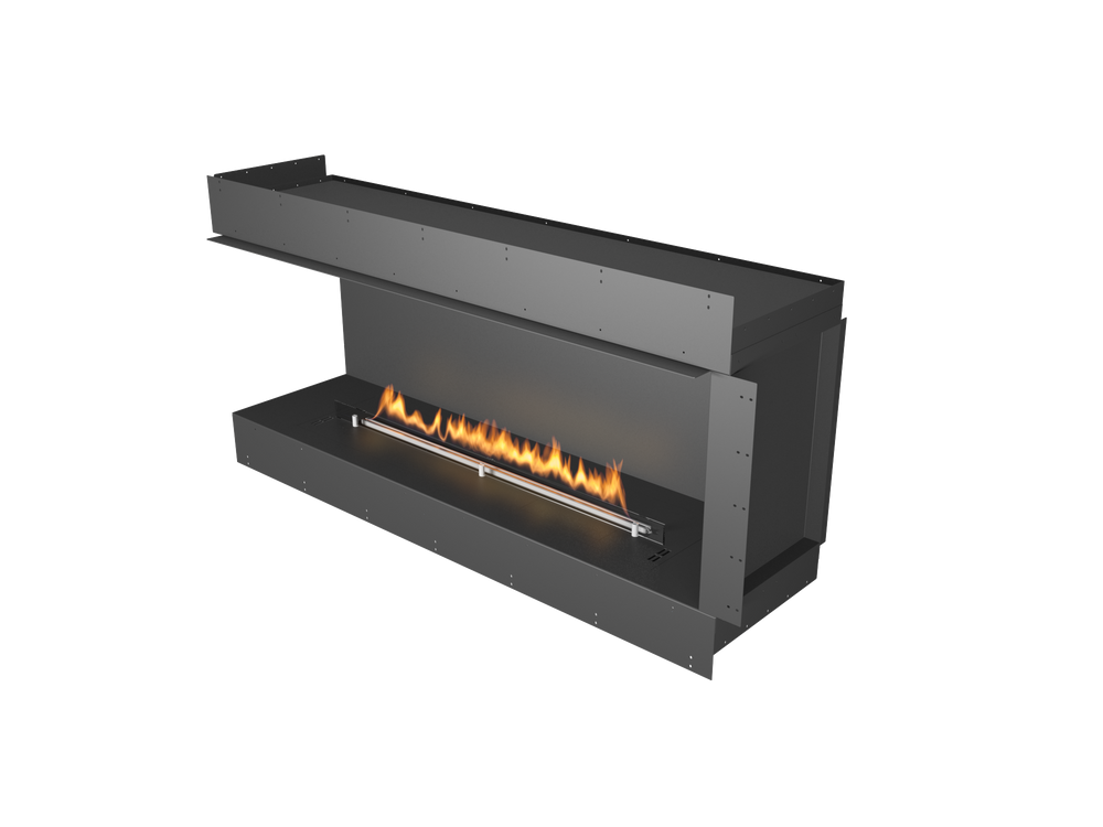 Modern black fireplace with flames on a white background