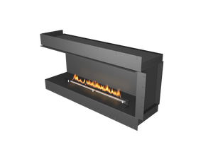 Modern black fireplace with flames on a white background