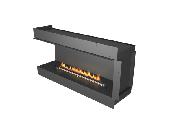 Modern black fireplace with flames on a white background