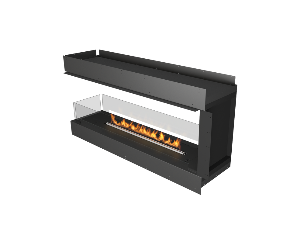 Modern black fireplace with visible flames on a white background