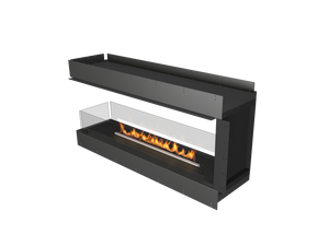Modern black fireplace with visible flames on a white background
