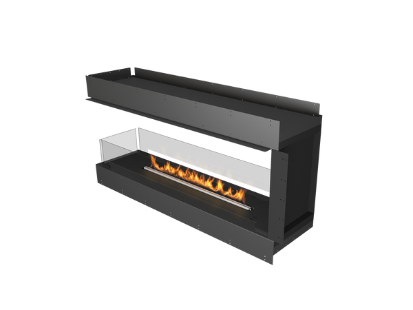 Modern black fireplace with visible flames on a white background