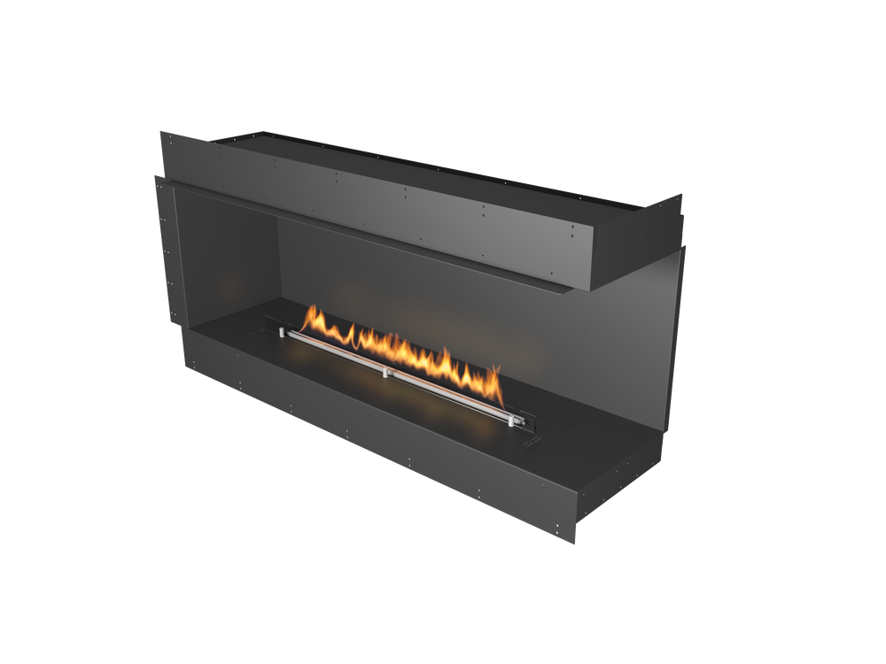 Modern black fireplace with flames on a white background