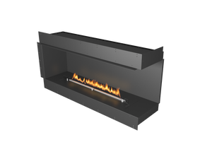 Modern black fireplace with flames on a white background