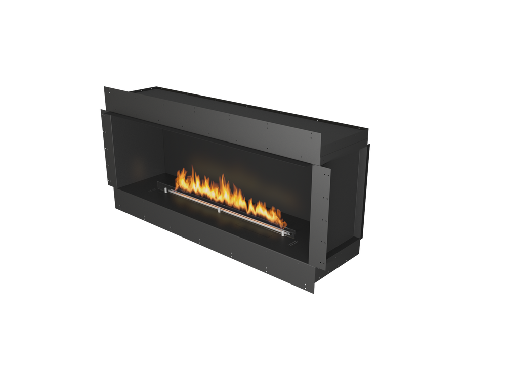 Modern black fireplace with visible flames on a white background