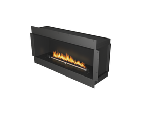 Modern black fireplace with visible flames on a white background