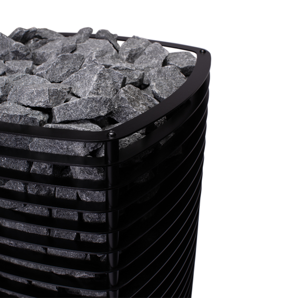 Narvi Velvet 20 Wood Burning Sauna Heater filled with grey sauna stones on a white background. 